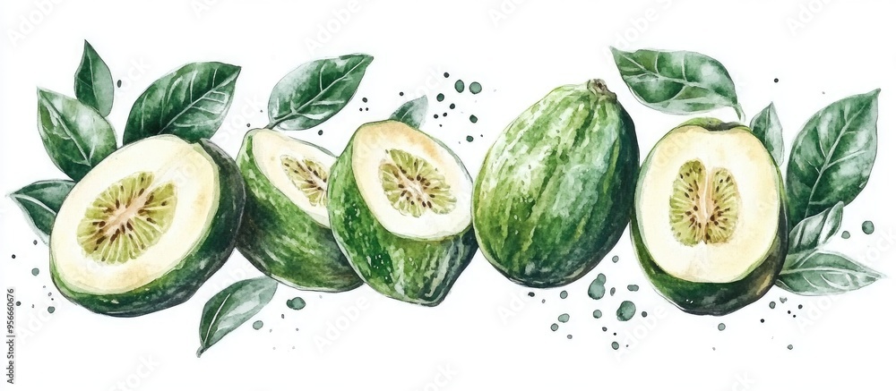 Whole and sliced feijoa fruits with leaves Hand drawn watercolor illustration on a white background Whole and sliced feijoa fruits with leaves Hand drawn watercolor illustration on a white background