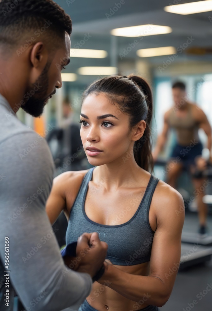 A man and a woman having a focused conversation during their workout session in the gym. A man and a woman having a focused conversation during their workout session in the gym.