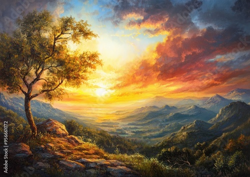 Oil painting showcasing a vibrant sunset amidst the splendor of nature