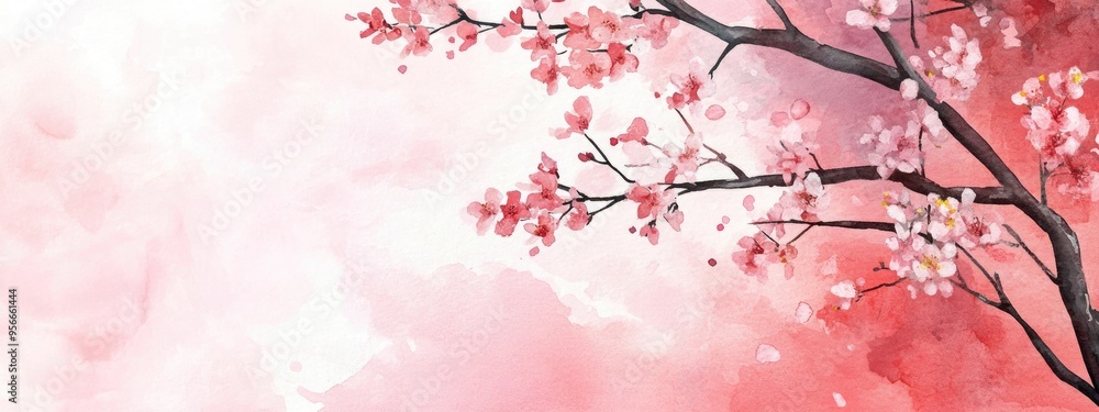 Fototapeta premium Watercolor sakura frame featuring blossoming cherry tree branches for a festive background