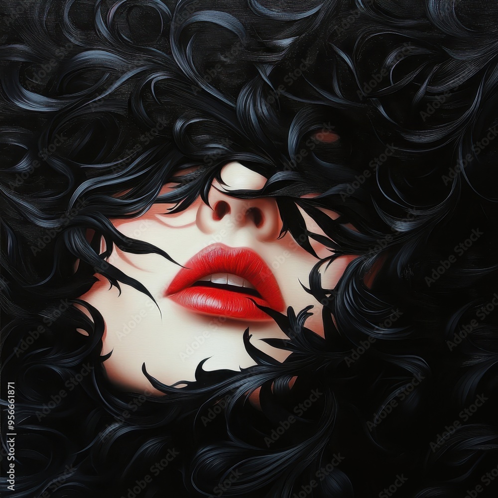 Fototapeta premium A striking portrait of a woman's face partially obscured by dark, flowing hair, emphasizing her bold red lips and mysterious allure.