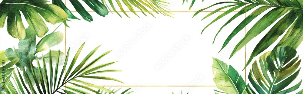Watercolor square frame in gold featuring hand drawn tropical palm leaves Bohemian greenery for wedding invitations save the date cards and summer illustrations Watercolor square frame in gold featuring hand drawn tropical palm leaves Bohemian greenery for wedding invitations save the date cards and summer illustrations