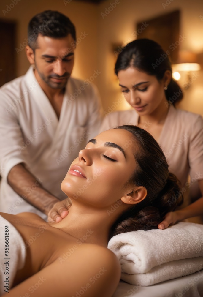 A couple enjoying a relaxing massage at a spa, with therapists attending to them in a serene environment. A couple enjoying a relaxing massage at a spa, with therapists attending to them in a serene environment.