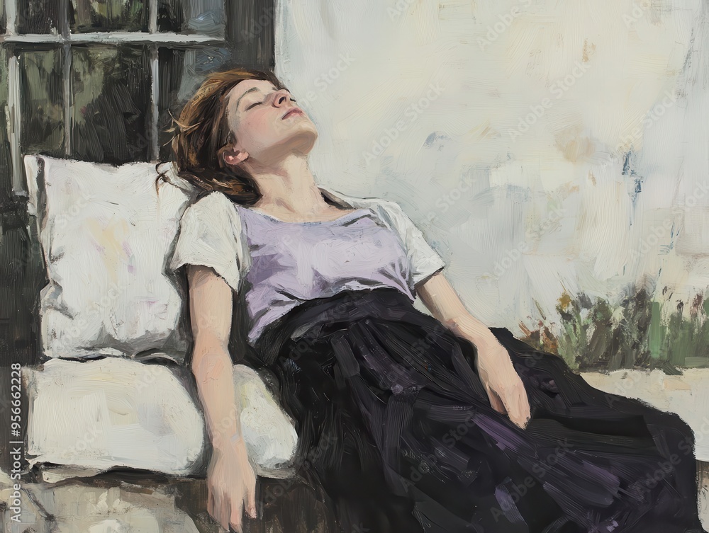 Fototapeta premium A serene woman reclining on a cushion, enjoying a moment of relaxation in a peaceful outdoor setting.