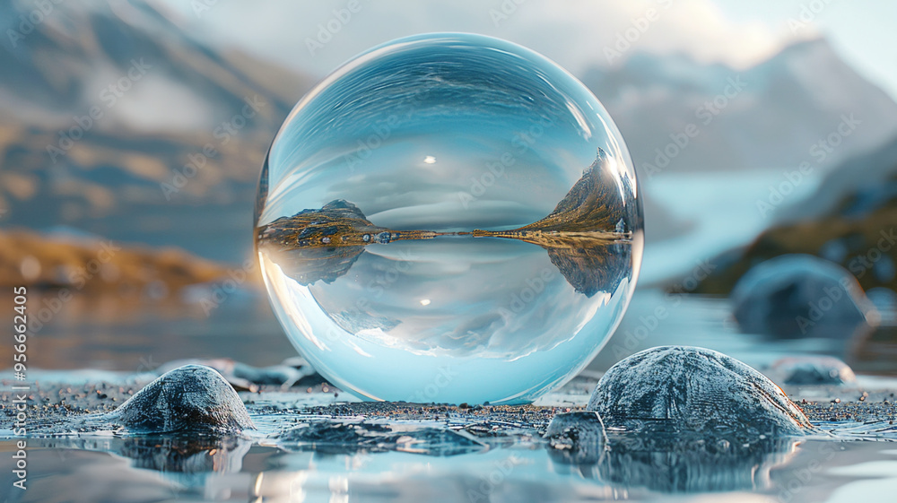Beautiful transparent crystal ball on the water Beautiful transparent crystal ball on the water