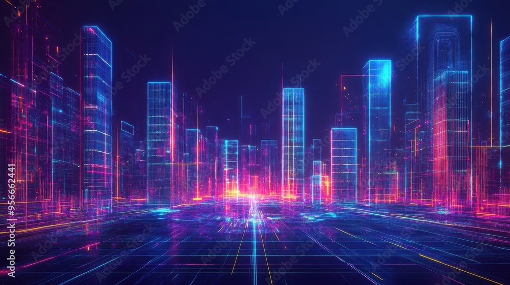 Futuristic Cityscape with Neon Lights and Digital Grid Pattern - Abstract Urban Design. Futuristic Cityscape with Neon Lights and Digital Grid Pattern - Abstract Urban Design.
