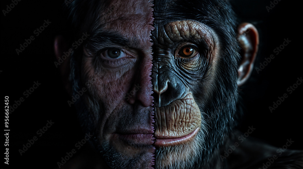 Surreal artistic depiction of a split face merging human and chimpanzee features, symbolizing the connection between humans and primates, perfect for science, evolution, and conceptual art projects
