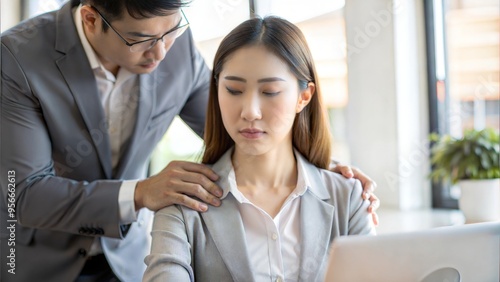 copy space Blurred, A scene showing a professional looking uncomfortable due to an unwelcome touch or close proximity from a colleague, highlighting inappropriate behavior in a private workplace room photo