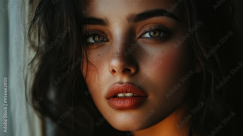 custom made wallpaper toronto digitalA striking portrait of a woman with captivating eyes and a cool expression near a window