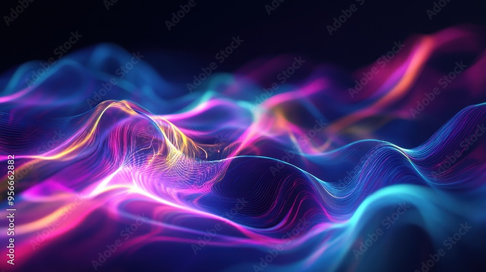 Abstract Neon Waves Background - Blue, Pink, and Yellow Swirling Light Design. Abstract Neon Waves Background - Blue, Pink, and Yellow Swirling Light Design.