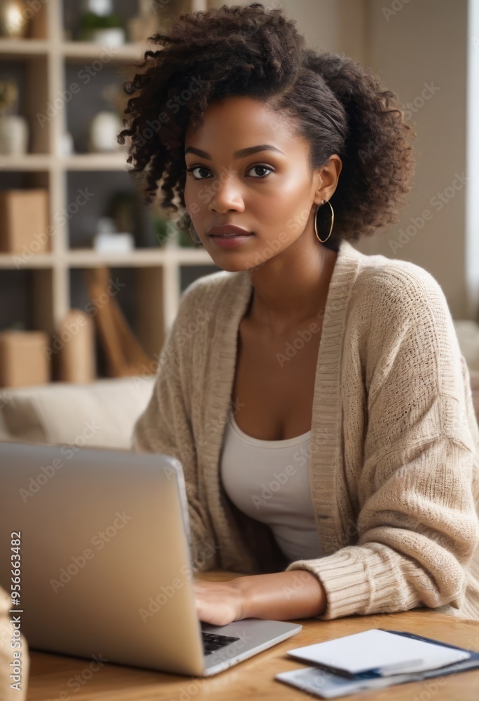 A woman sitting at a desk with a laptop, focused on her work in a cozy home environment.