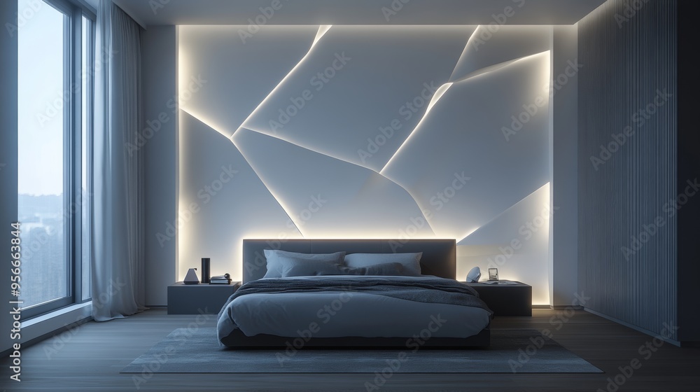 Modern bedroom with illuminated wall design and minimalist decor. Modern bedroom with illuminated wall design and minimalist decor.