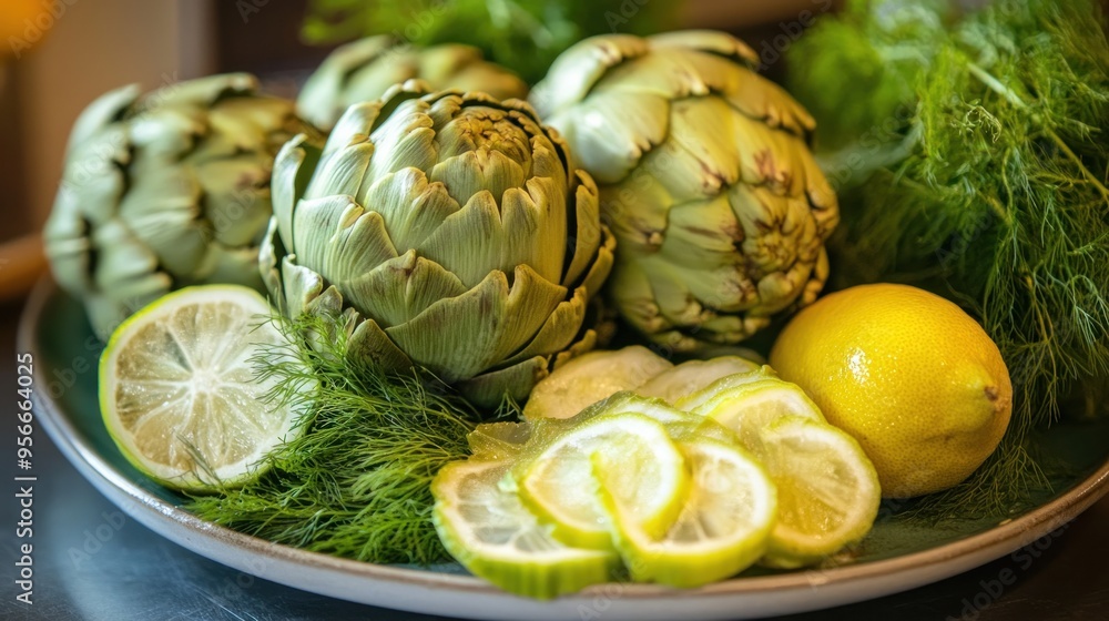 Fototapeta premium Artichokes, Lemon and Fennel on a Green Plate