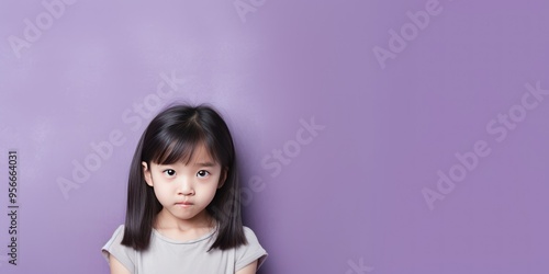 Lavender background sad Asian child Portrait of young beautiful in a bad mood child Isolated on Background, depression anxiety fear burn out health 