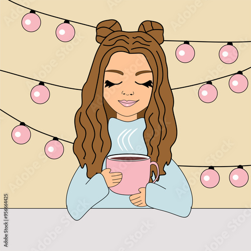 Nice beautiful girl with a cup of coffee vector illustration art cartoon lovely person