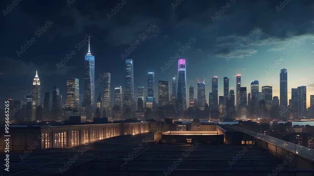Rooftop panorama of the metropolitan skyline at night. Post-production illustration using generative AI. Rooftop panorama of the metropolitan skyline at night. Post-production illustration using generative AI.