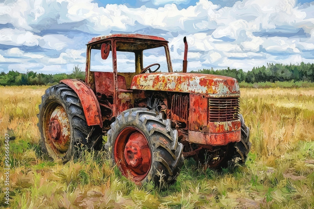 A Rusty Red Tractor Sitting in a Field A Rusty Red Tractor Sitting in a Field