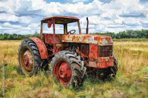 A Rusty Red Tractor Sitting in a Field