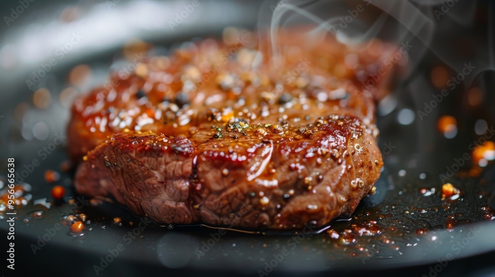 A close-up of a juicy ribeye steak being seared to perfection on a hot iron skillet A close-up of a juicy ribeye steak being seared to perfection on a hot iron skillet