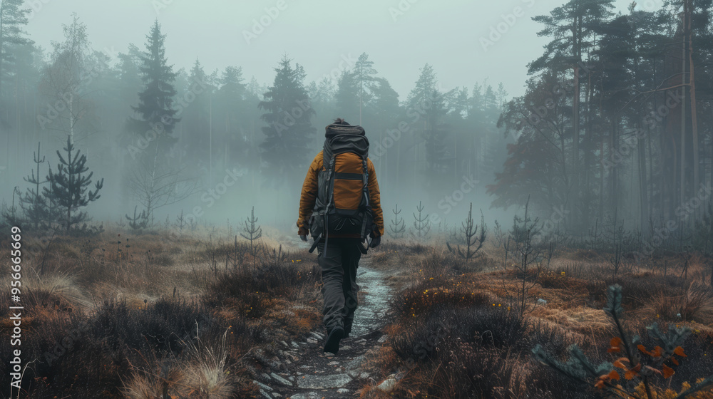 Obraz premium Solo hiker exploring misty forest trail in autumn nature adventure
