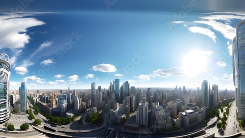 Complete 360-degree smooth spherical view The Daytime Big City Future Sky is projected equirectangularly using HDRI. Map of the lighting and environment texture
