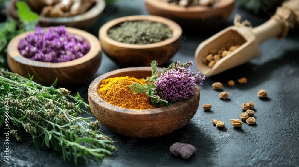 Assortment of Herbs and Spices in Wooden Bowls Assortment of Herbs and Spices in Wooden Bowls