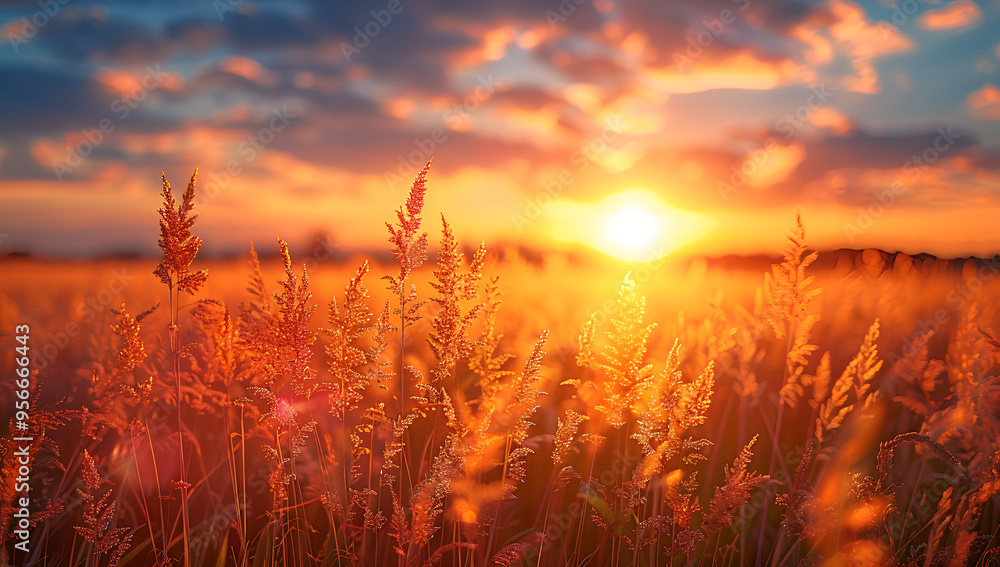 Golden Sunset Behind a Tranquil Field of Grass Golden Sunset Behind a Tranquil Field of Grass