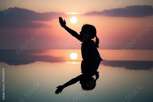 Peaceful Dawn Prayer Reflection of Young Girl Silhouette