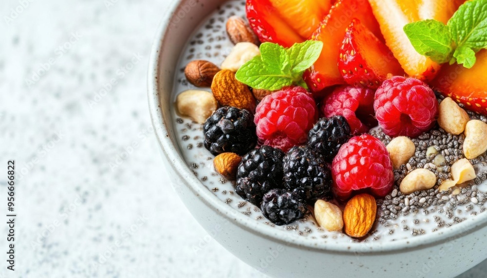 Chia pudding topped with fresh fruits and nuts, brainstimulating dessert, healthy and satisfying, no blur, photo not dark, everything is clear, copy space Chia pudding topped with fresh fruits and nuts, brainstimulating dessert, healthy and satisfying, no blur, photo not dark, everything is clear, copy space
