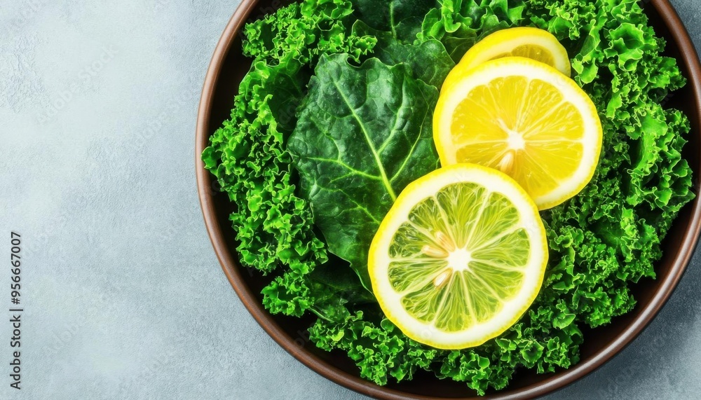 Dark leafy greens arranged on a plate with lemon slices, rich in vitamins, brainboosting meal, no blur, photo not dark, everything is clear, copy space Dark leafy greens arranged on a plate with lemon slices, rich in vitamins, brainboosting meal, no blur, photo not dark, everything is clear, copy space