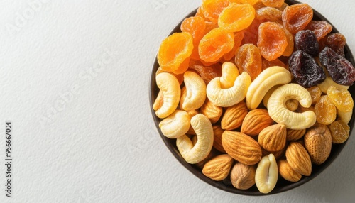 Handful of mixed nuts and dried fruits, portable brainboosting snack, healthy and convenient,  no blur, photo not dark, everything is clear, copy space photo