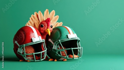 Thanksgiving football, turkey with football helmets, playful sports theme, 3D illustration,  no blur, photo not dark, everything is clear, copy space photo