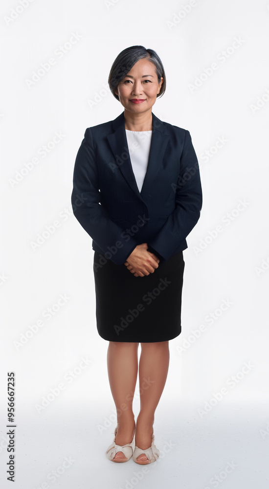 Mid aged professional asian business woman standing on an isolated background, hands touching, business suit Mid aged professional asian business woman standing on an isolated background, hands touching, business suit