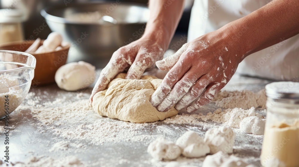 Fototapeta premium A baker's hands kneading dough on a floured countertop, with baking ingredients scattered around.