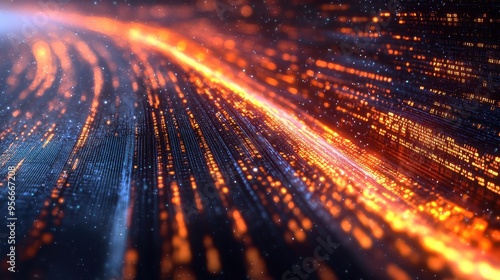 Abstract Digital Data Flow with Glowing Orange Lines and Bokeh Effect - Futuristic Technology Background.