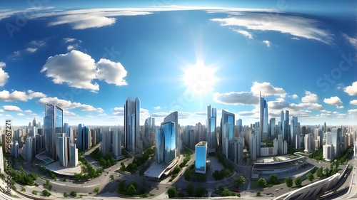 Complete 360-degree smooth spherical view The Daytime Big City Future Sky is projected equirectangularly using HDRI. Map of the lighting and environment texture