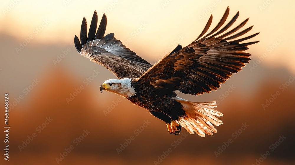 Fototapeta premium A majestic eagle soaring through the skies, showcasing its powerful wings and stunning plumage against a golden sunset.