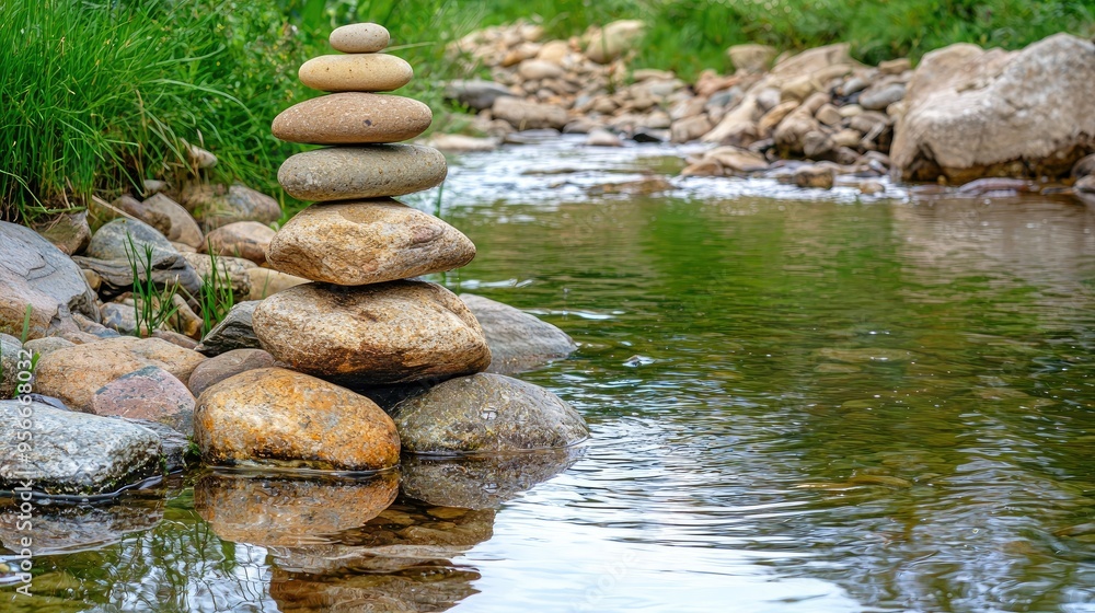 A balanced stack of various-sized stones on a calm riverbank, with gentle ripples in the water reflecting the balance. A balanced stack of various-sized stones on a calm riverbank, with gentle ripples in the water reflecting the balance.