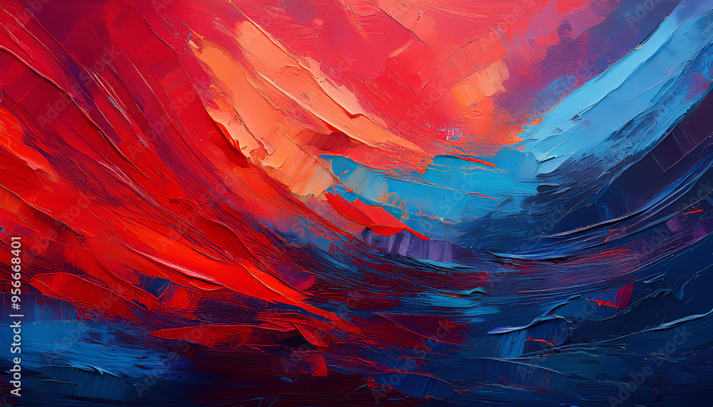 Abstract background showing vivid red, orange and blue brushstrokes creating a dynamic oil painting texture Abstract background showing vivid red, orange and blue brushstrokes creating a dynamic oil painting texture