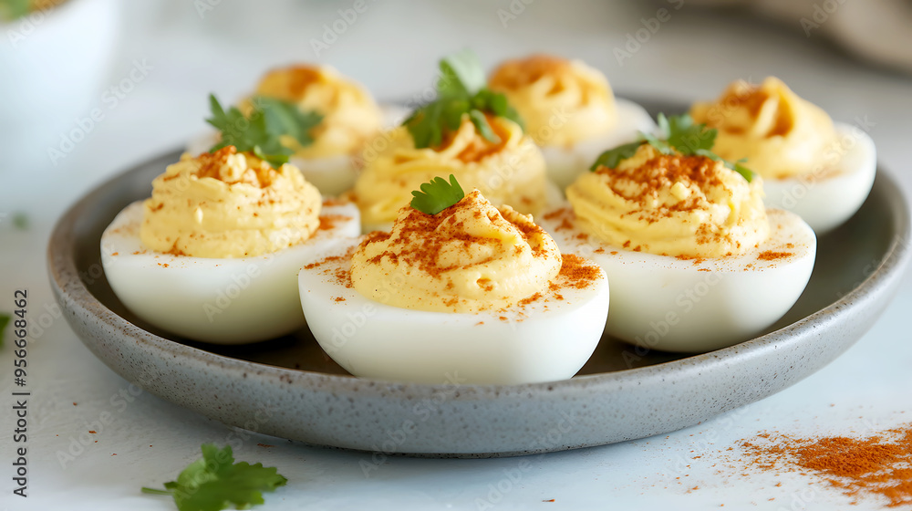 Classic deviled eggs, filled with a creamy yolk mixture and topped with paprika Classic deviled eggs, filled with a creamy yolk mixture and topped with paprika