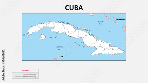 Cuba Map. Political map of Cuba with state border in outline. Political map of Cuba with outline and neighbouring countries.