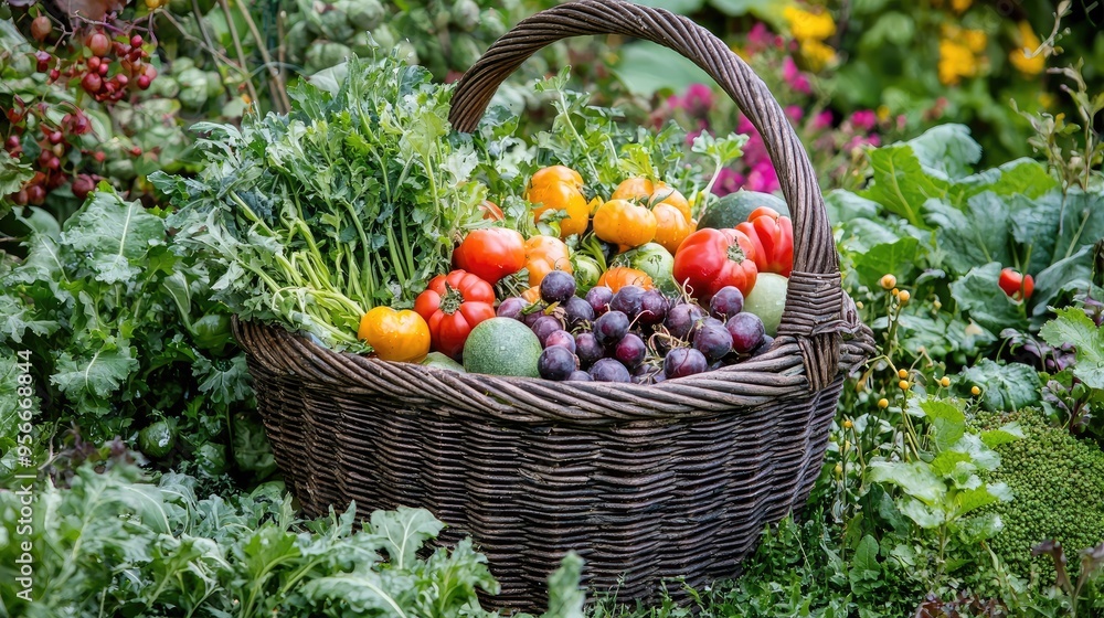 A basket overflowing with freshly harvested produce in a vibrant, lush garden. A basket overflowing with freshly harvested produce in a vibrant, lush garden.