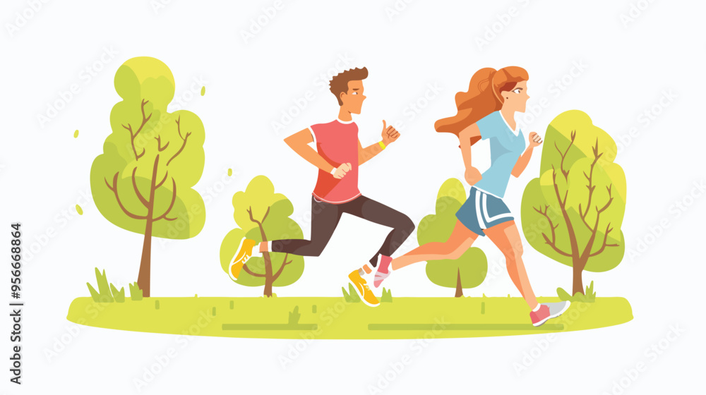 Jogging in City Park Concept Man and Woman Exercising Jogging in City Park Concept Man and Woman Exercising