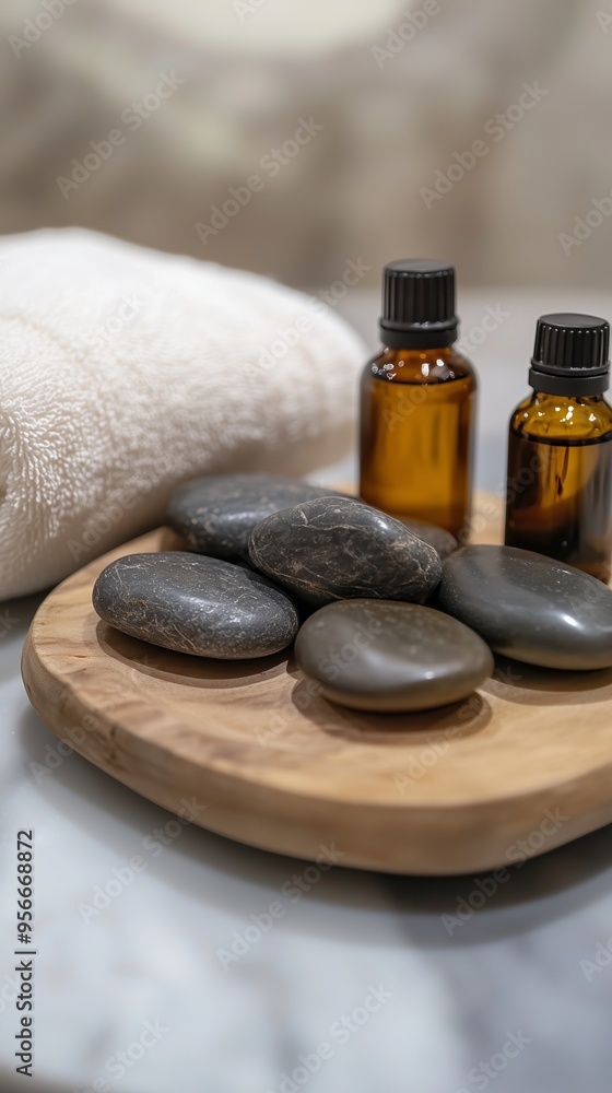Spa essentials featuring smooth stones and essential oils arranged on a wooden tray with a towel in a tranquil setting Spa essentials featuring smooth stones and essential oils arranged on a wooden tray with a towel in a tranquil setting