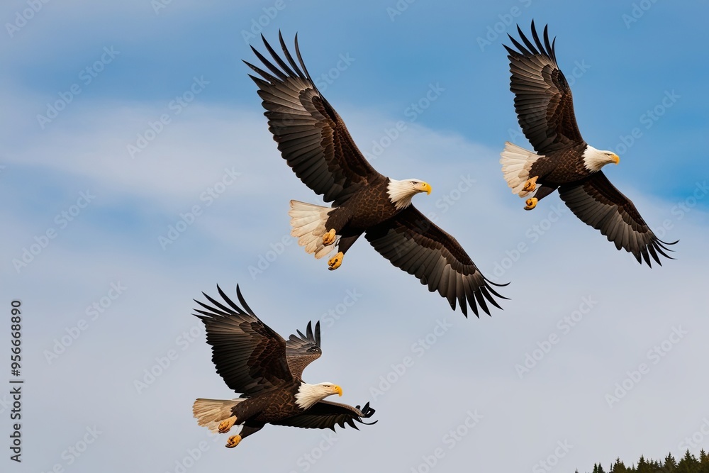 Obraz premium Majestic Eagles Flying in a Clear Blue Sky Background