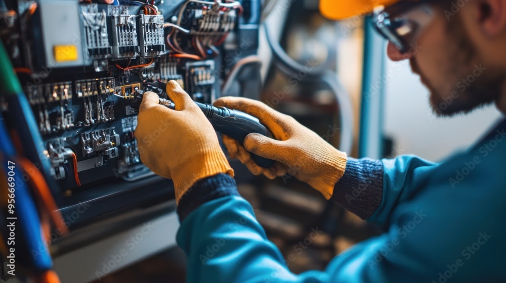 Electrician Working on a Complex Electrical Panel Electrician Working on a Complex Electrical Panel