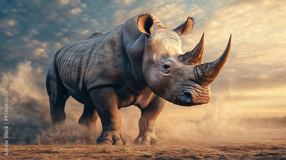 Fototapeta premium A majestic rhinoceros standing proudly in a dramatic landscape, showcasing strength and beauty against a striking sky.