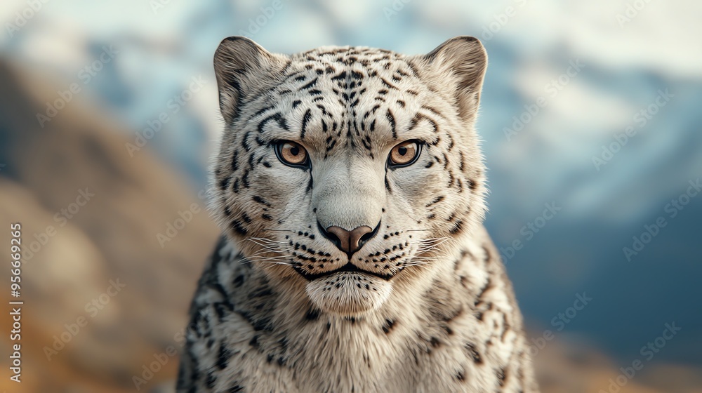 Fototapeta premium A majestic snow leopard gazes confidently, showcasing its stunning fur and captivating eyes against a dramatic mountain backdrop.