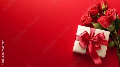 Wallpaper Mural Large surprise gift box with a ribbon next to a bouquet of roses on a red background Torontodigital.ca