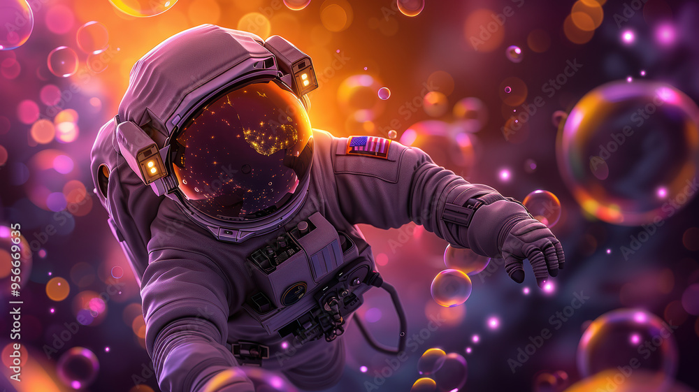 Astronaut Floating Among Colorful Bubbles Astronaut Floating Among Colorful Bubbles